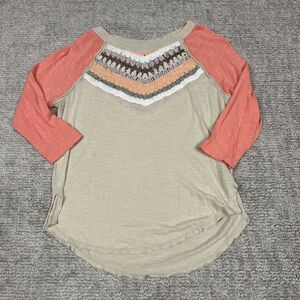 We The Free People Spring Bound Top Womens Small Crochet Paneled Shirt Beige